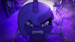Size: 1440x813 | Tagged: safe, artist:warpout, princess luna, alicorn, pony, lullaby for a princess, g4, angry, bedroom, crying, fangs, female, glare, gritted teeth, looking at you, s1 luna, solo, tears of anger