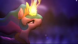 Size: 1438x815 | Tagged: safe, princess celestia, alicorn, pony, lullaby for a princess, g4, female, glowing horn, horn, looking up, magic, mare, open mouth, sad, solo