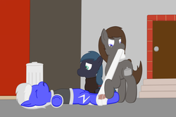 Size: 1052x698 | Tagged: safe, artist:minty candy, oc, oc only, oc:night strike, oc:pressure cooker, oc:static charge, earth pony, pegasus, pony, fallout equestria, fallout equestria: empty quiver, bandage, blood, building, clothes, story