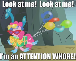 Size: 600x480 | Tagged: safe, edit, edited screencap, screencap, pinkie pie, dragonshy, g4, balloon, bow, caption, cave, female, fins, flippers (gear), image macro, meme, polka dots, present, reaction image, ribbon, solo, string, sunglasses, that pony sure does love balloons, walking
