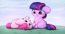Size: 3020x1568 | Tagged: safe, artist:sverre93, pinkie pie, twilight sparkle, g4, :p, cute, diapinkes, filly, fluffy, horn, impossibly large ears, small horn, tongue out, twiabetes