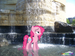 Size: 2832x2128 | Tagged: safe, artist:wolfgangthe3rd, pinkie pie, g4, bedroom eyes, building, high res, irl, photo, ponies in real life, reflection, rock, solo, vector, waterfall, wet mane