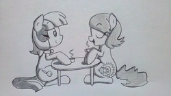 Size: 1280x719 | Tagged: safe, artist:quarium, oc, oc only, oc:alos, oc:dainty drawn, earth pony, pony, cup, duo, eyes closed, female, jewelry, mare, monochrome, necklace, sitting, table, tea, teacup, traditional art