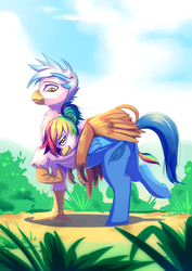 Size: 990x1400 | Tagged: safe, artist:bakki, oc, oc only, oc:gren, oc:rainbow feather, classical hippogriff, griffon, hippogriff, brother and sister, colored, interspecies offspring, magical lesbian spawn, offspring, outdoors, parent:gilda, parent:rainbow dash, parents:gildash