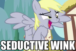 Size: 427x289 | Tagged: safe, edit, edited screencap, screencap, derpy hooves, pegasus, pony, g4, slice of life (episode), caption, cropped, crossed hooves, faic, female, house, image macro, mare, meme, open mouth, reaction image, seductive, seductive wink, solo, spread wings, wink
