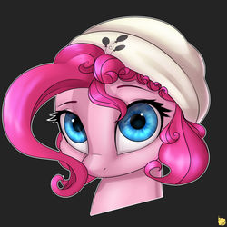 Size: 2400x2400 | Tagged: dead source, safe, artist:captainpudgemuffin, pinkie pie, earth pony, pony, g4, beanie, black background, captainpudgemuffin is trying to murder us, cheek fluff, cute, cutie mark, diapinkes, female, hat, head only, high res, looking at you, mare, portrait, simple background, solo