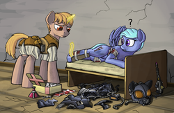 Size: 1252x814 | Tagged: source needed, safe, artist:nukechaser, oc, oc only, pegasus, pony, unicorn, fallout equestria, armor, bandage, battle saddle, bed, blood, crutches, doctor, duo, enclave, enclave armor, energy weapon, fallout, fanfic, fanfic art, female, first aid kit, glowing horn, grand pegasus enclave, gun, healing potion, health potion, hooves, horn, injured, lying down, magic, magical energy weapon, male, mare, medkit, ministry of peace, potion, power armor, powered exoskeleton, pulse rifle, splint, spread wings, stallion, standing, stimpack, syringe, telekinesis, weapon, wings