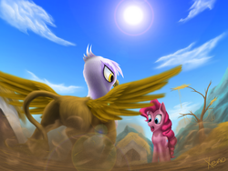 Size: 2048x1536 | Tagged: safe, artist:the1xeno1, gilda, pinkie pie, griffon, g4, my little pony: friendship is magic, the lost treasure of griffonstone