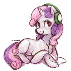 Size: 900x900 | Tagged: safe, artist:johling, sweetie belle, pony, unicorn, g4, female, headphones, prone, simple background, solo, transparent background