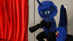 Size: 1920x1080 | Tagged: safe, artist:tsaritsaluna, princess luna, g4, clothes, dressing, dressing room, female, sitting, socks, solo