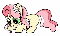 Size: 791x473 | Tagged: safe, artist:unoriginai, oc, oc only, oc:florina, earth pony, ladybug, pony, blank flank, cute, female, filly, flower, flower in hair, magical lesbian spawn, offspring, parent:apple bloom, parent:diamond tiara, parents:diamondbloom, solo, story included