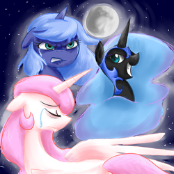 Size: 1250x1250 | Tagged: safe, artist:tails232323, nightmare moon, princess celestia, princess luna, lullaby for a princess, g4, crying, duality, eyes closed, floppy ears, grin, gritted teeth, moon, s1 luna
