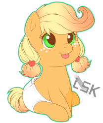 Size: 1024x1229 | Tagged: safe, artist:sofilut, applejack, earth pony, pony, g4, baby, baby pony, babyjack, cute, diaper, female, jackabetes, simple background, solo, tongue out, transparent background