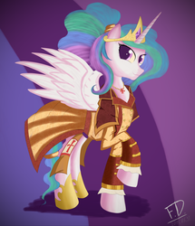 Size: 3100x3600 | Tagged: safe, artist:fluffydus, princess celestia, g4, assassin's creed, clothes, female, high res, necklace, raised hoof, smirk, solo, spread wings