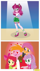 Size: 2369x4128 | Tagged: safe, artist:conikiblasu-fan, apple bloom, big macintosh, cheerilee, scootaloo, sweetie belle, equestria girls, g4, hearts and hooves day (episode), life is a runway, my little pony equestria girls: rainbow rocks, clothes, comic, crush, cutie mark crusaders, female, heart eyes, hearts and hooves day, male, miniskirt, ship:cheerimac, shipping, skirt, socks, straight, thigh highs, thigh socks, wingding eyes