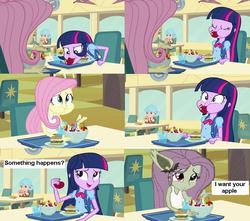 Size: 901x798 | Tagged: safe, edit, carla jr., fluttershy, twilight sparkle, equestria girls, g4, my little pony equestria girls, background human, comic, comic strip, engrish, flutterbat, meme, screencap comic