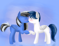 Size: 900x700 | Tagged: safe, artist:chanceyb, oc, oc only, oc:buffon smash, oc:ocean horeshoes, pegasus, pony, blushing, gay, holding hooves, kissing, male, request, shipping