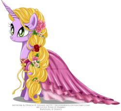 Size: 1194x1100 | Tagged: safe, artist:tiffanymarsou, pony, clothes, dress, flower in hair, ponified, rapunzel, simple background, smiling, solo, tangled (disney), transparent background