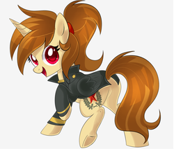 Size: 1038x891 | Tagged: safe, artist:xwhitedreamsx, oc, oc only, oc:katya ironstead, alicorn, pony, alicorn oc, clothes, jacket, rear view, red eyes, solo, underhoof