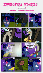 Size: 1919x3245 | Tagged: safe, artist:estories, discord, oc, oc:penumbra, alicorn, draconequus, pony, comic:find yourself, g4, comic, crystal, crystal horn, full moon, glowing, glowing eyes, hirudo, horn, moon