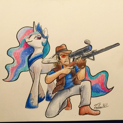 Size: 1280x1280 | Tagged: safe, artist:tsitra360, princess celestia, alicorn, human, pony, g4, crossover, female, glasses, gun, hat, hooves, horn, mare, optical sight, rifle, signature, simple background, sniper, sniper (tf2), sniper rifle, sunglasses, team fortress 2, traditional art, weapon, white background, wings