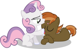 Size: 2789x1769 | Tagged: safe, artist:shutterflyeqd, button mash, sweetie belle, earth pony, pony, unicorn, g4, colt, cute, female, fetish, filly, foal, forehead kiss, hoof fetish, hoof licking, hoof polish, kiss mark, kisses, kissing, lipstick, male, nail polish, ship:sweetiemash, shipping, simple background, sleeping, straight, transparent background