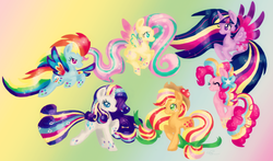 Size: 1024x604 | Tagged: safe, artist:chiuuchiuu, applejack, fluttershy, pinkie pie, rainbow dash, rarity, twilight sparkle, alicorn, pony, g4, female, mane six, mare, rainbow power, twilight sparkle (alicorn)