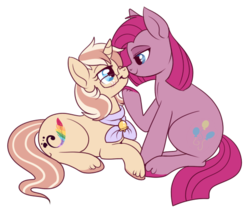 Size: 550x463 | Tagged: safe, artist:lulubell, pinkie pie, oc, oc:lulubell, g4, bell, bell collar, boop, canon x oc, collar, female, lesbian, pinkamena diane pie, shipping, simple background, transparent background