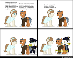 Size: 1692x1358 | Tagged: safe, artist:ethanchang, oc, oc only, oc:luke, oc:molly, oc:officer eggplant, earth pony, pony, 1st awesome platoon, comic, dialogue, eyes closed, feels bad man, female, friendzone, male, mare, mouth hold, stallion
