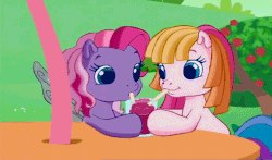 Size: 740x435 | Tagged: safe, screencap, starsong, toola-roola, earth pony, pegasus, pony, g3, g3.5, animated, blowing bubbles, bubble, cute, drinking, duo, female, filly, frothing, intro, milkshake, shipping fuel, straw