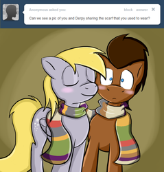 Size: 500x524 | Tagged: source needed, safe, artist:mikeythefox, derpy hooves, doctor whooves, time turner, earth pony, pony, g4, ask, clothes, doctor who, fourth doctor's scarf, male, scarf, shared clothing, shared scarf, ship:doctorderpy, shipping, stallion, straight, striped scarf, the doctor, tumblr