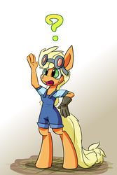 Size: 700x1050 | Tagged: safe, artist:heir-of-rick, applejack, earth pony, anthro, daily apple pony, g4, engiejack, engineer, engineer (tf2), female, question mark, solo, team fortress 2