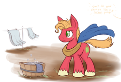 Size: 1100x750 | Tagged: safe, artist:heir-of-rick, big macintosh, earth pony, pony, daily apple pony, g4, alternate hairstyle, cape, clothes, clothes line, implied applejack, laundry, male, solo, stallion