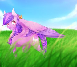 Size: 958x834 | Tagged: safe, artist:samandriilrf, oc, oc only, oc:moonlight blossom, butterfly, pegasus, pony, braid, braided tail, female, grass, outdoors, smiling, solo