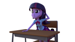 Size: 1920x1080 | Tagged: safe, artist:3d thread, artist:creatorofpony, twilight sparkle, equestria girls, g4, 3d, 3d model, blender, clothes, confused, desk, female, shirt, skirt, solo