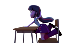 Size: 1920x1080 | Tagged: safe, artist:3d thread, artist:creatorofpony, twilight sparkle, equestria girls, g4, 3d, 3d model, blender, clothes, confused, desk, female, shirt, skirt, solo