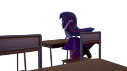 Size: 1920x1080 | Tagged: safe, artist:3d thread, artist:creatorofpony, twilight sparkle, equestria girls, g4, 3d, 3d model, blender, clothes, confused, desk, female, shirt, skirt, solo