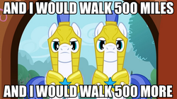 Size: 895x500 | Tagged: safe, edit, edited screencap, screencap, pegasus, pony, a bird in the hoof, g4, 500 miles, armor, duo, image macro, male, meme, pegasus royal guard, royal guard, song reference, stallion, the proclaimers