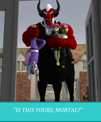 Size: 1000x1200 | Tagged: safe, artist:tahublade7, apple bloom, lord tirek, scootaloo, sweetie belle, anthro, plantigrade anthro, g4, 3d, alternate universe, angry, belly, belly button, carrying, clothes, cutie mark crusaders, daz studio, doorway, hanging, hanging upside down, holding, hung upside down, midriff, overalls, panties, pink underwear, sweetie fail, this will end in tears and/or death, tumblr, underwear, upside down