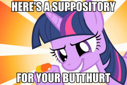 Size: 741x500 | Tagged: safe, edit, edited screencap, screencap, twilight sparkle, pony, unicorn, a bird in the hoof, g4, butthurt, caption, female, image macro, implied anal insertion, implied insertion, mare, meme, pill, reaction image, suppository