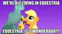 Size: 897x500 | Tagged: safe, edit, edited screencap, screencap, applejack, earth pony, pony, g4, female, filly, filly applejack, foal, german, hatless, image macro, meme, missing accessory, portrait, rammstein, statue of liberty, younger