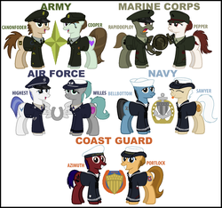 Size: 960x900 | Tagged: safe, artist:ethanchang, oc, oc only, oc:azimuth, oc:bellbottom, oc:cannonfodder, oc:cooper, oc:highest, oc:pepper (marine corps), oc:portlock, oc:rapiddeploy, oc:seaman sawyer, oc:willes, 1st awesome platoon, air force, army, coast guard, marines, military, military uniform, navy, us airforce, us army, us marines, us navy