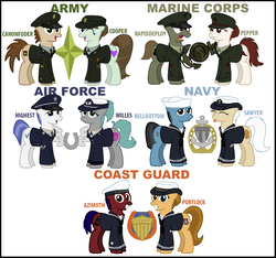 Size: 960x900 | Tagged: safe, artist:ethanchang, oc, oc only, oc:azimuth, oc:bellbottom, oc:cannonfodder, oc:cooper, oc:highest, oc:pepper (marine corps), oc:portlock, oc:rapiddeploy, oc:seaman sawyer, oc:willes, 1st awesome platoon, 1st infantry division (us), 25th infantry division (us), air force, army, coast guard, marines, military, military uniform, navy, us airforce, us army, us marines, us navy