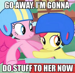 Size: 565x550 | Tagged: safe, edit, edited screencap, screencap, apple bloom, pinkie pie, earth pony, pony, g4, the cutie mark chronicles, caption, female, image macro, implied foalcon, meme, pinkiebloom, shipping