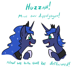Size: 748x644 | Tagged: safe, artist:jargon scott, princess luna, alicorn, pony, g4, bust, dialogue, female, half r63 shipping, huzzah, implied selfcest, implied sex, lesbian, male, mare, now neither of us will be virgins, prince artemis, rule 63, self paradox, self ponidox, selfcest, ship:lunacest, ship:lunartemis, shipping, simple background, stallion, straight