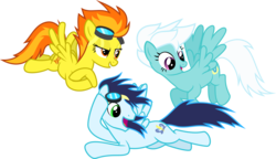 Size: 2971x1712 | Tagged: safe, artist:punzil504, fleetfoot, soarin', spitfire, pegasus, pony, g4, crossed hooves, female, flying, goggles, male, mare, show accurate, simple background, stallion, transparent background, trio, vector, wonderbolts