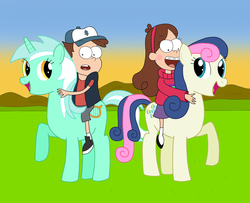 Size: 1616x1312 | Tagged: safe, artist:04startycornonline88, bon bon, lyra heartstrings, sweetie drops, g4, crossover, dipper pines, gravity falls, mabel pines, male