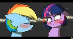 Size: 3300x1800 | Tagged: safe, artist:captainpudgemuffin, rainbow dash, twilight sparkle, pony, unicorn, g4, :p, angry, blushing, drool, duo, eyes closed, female, floppy ears, frown, glare, nose wrinkle, raspberry, tongue out, wide eyes