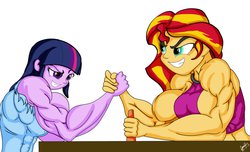 Size: 1147x697 | Tagged: safe, artist:pandatarius, sunset shimmer, twilight sparkle, equestria girls, g4, arm wrestling, biceps, muscles, sunset lifter, twilight muscle, wardrobe malfunction