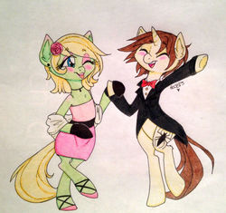 Size: 1280x1204 | Tagged: safe, artist:ameliacostanza, earth pony, pony, unicorn, bowtie, clothes, crossover, dancing, dress, gala, gala dress, gwen stacy, lipstick, makeup, male, peter parker, ponified, rose, shipping, spider-gwen, spider-man, spiders and magic iv: the fall of spider-mane, spiders and magic: rise of spider-mane, suit, traditional art